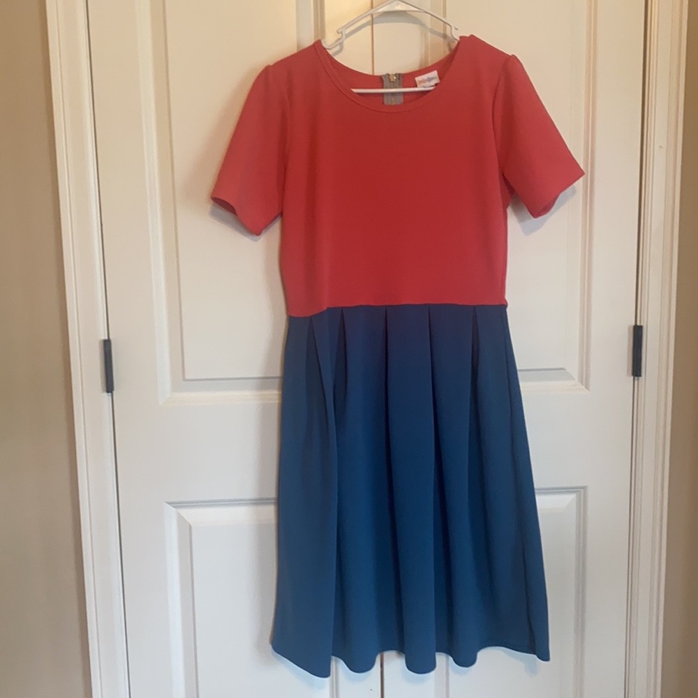 LuLaRoe Amelia Dress, L, Coral & Blue